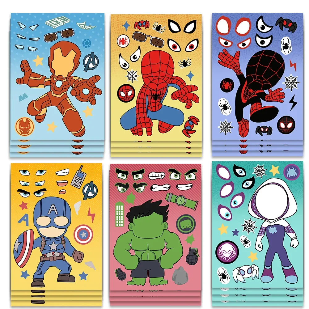 The Avengers Super Hero Puzzle Adesivos para Crianças, Marvel, Make Your Own DIY Game, Brinquedos Educativos para Crianças, Make A Face, 8 Folhas,