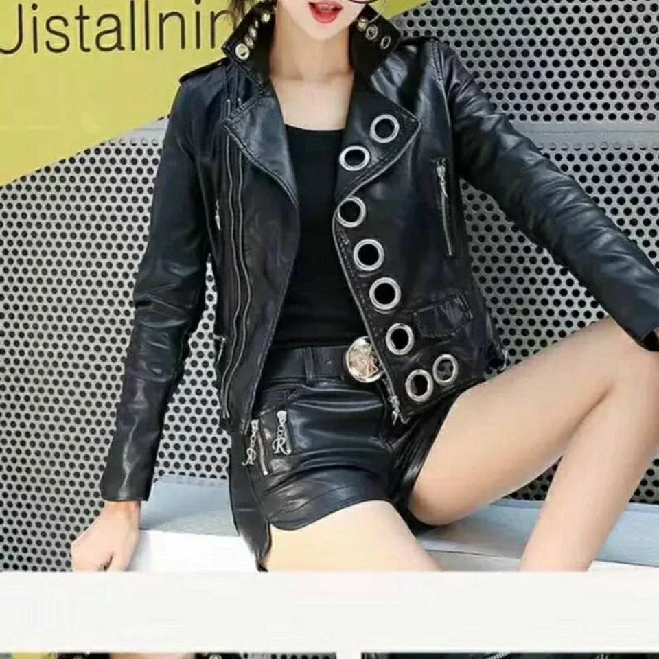 Women Chic Faux Leather Motorcycle Jacket Fall PU Locomotive Bomber Coat Zipper Cardigan Metal Rings Hollow Streetwear Crop Tops