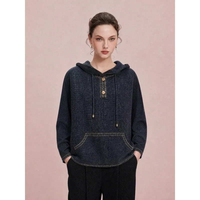 Women's Long Sleeve Hooded T-Shirt 2026 Autumn New Pleated Texture Easy Care Versatile Casual Comfortable Denim Print Top Pleat