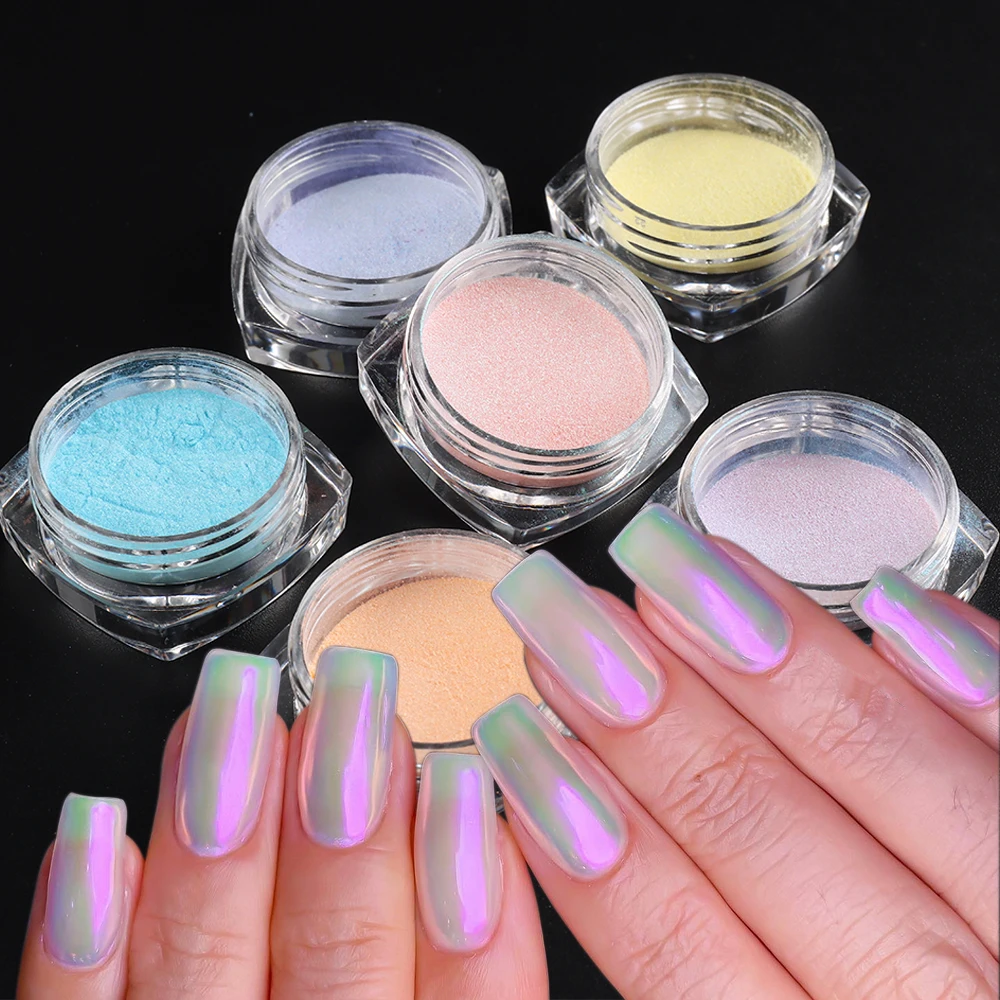 6pcs Aurora Nail Powder Set White Chrome Pigment Iridescent Rubbing Dust Pink Violet Glitter For Nails Manicure Decor GLXN1-6