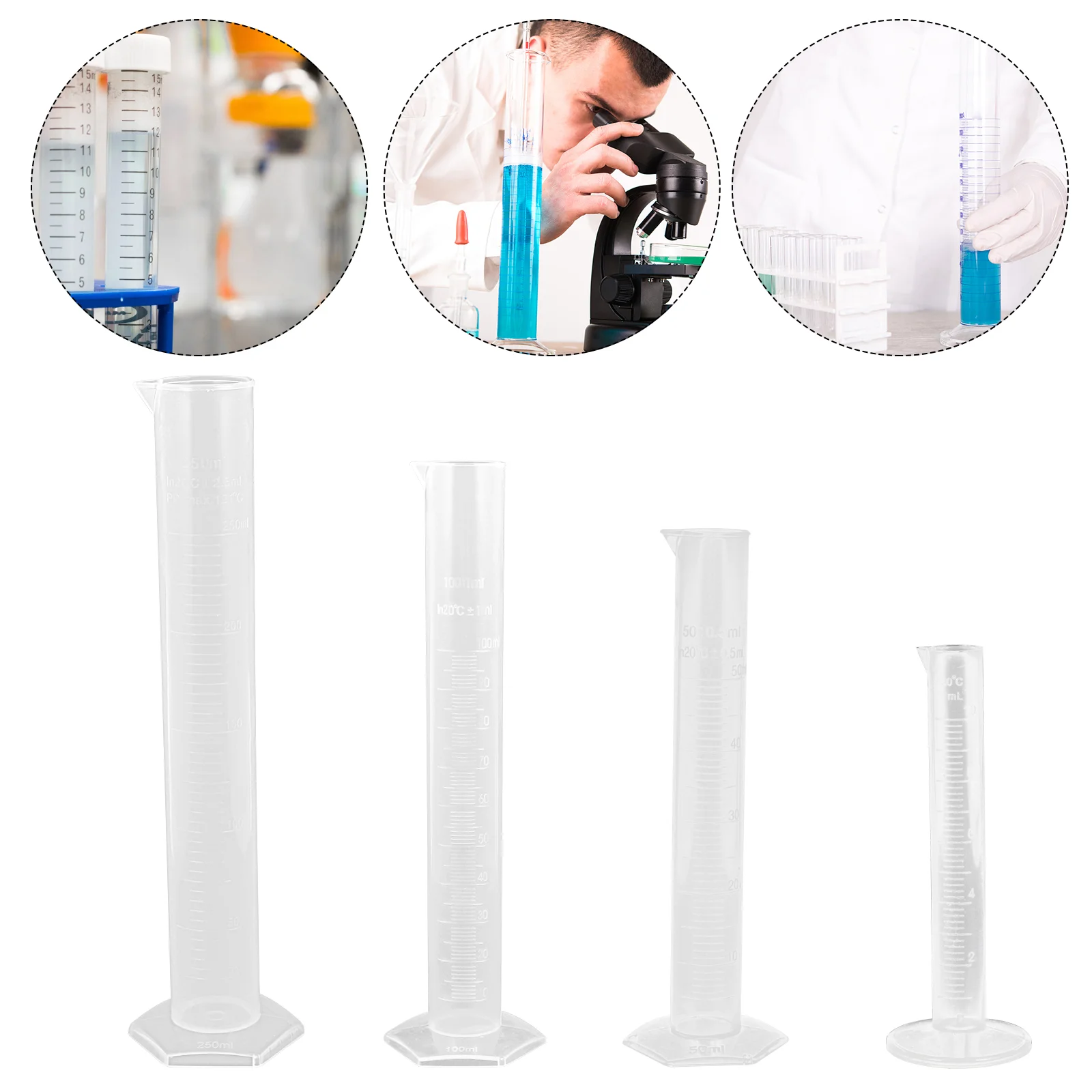4 Pcs Premium Plastic Graduated Measuring Cylinder Lab Flask Tube Non Wetting Interior Hexagonal Base Transparent Science