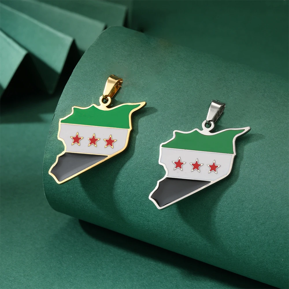 EUEAVAN 1pc Stainless Steel Syria Map Pendant for Necklace Syrian National Flag Charms Jewelry Making Accessories DIY Gift