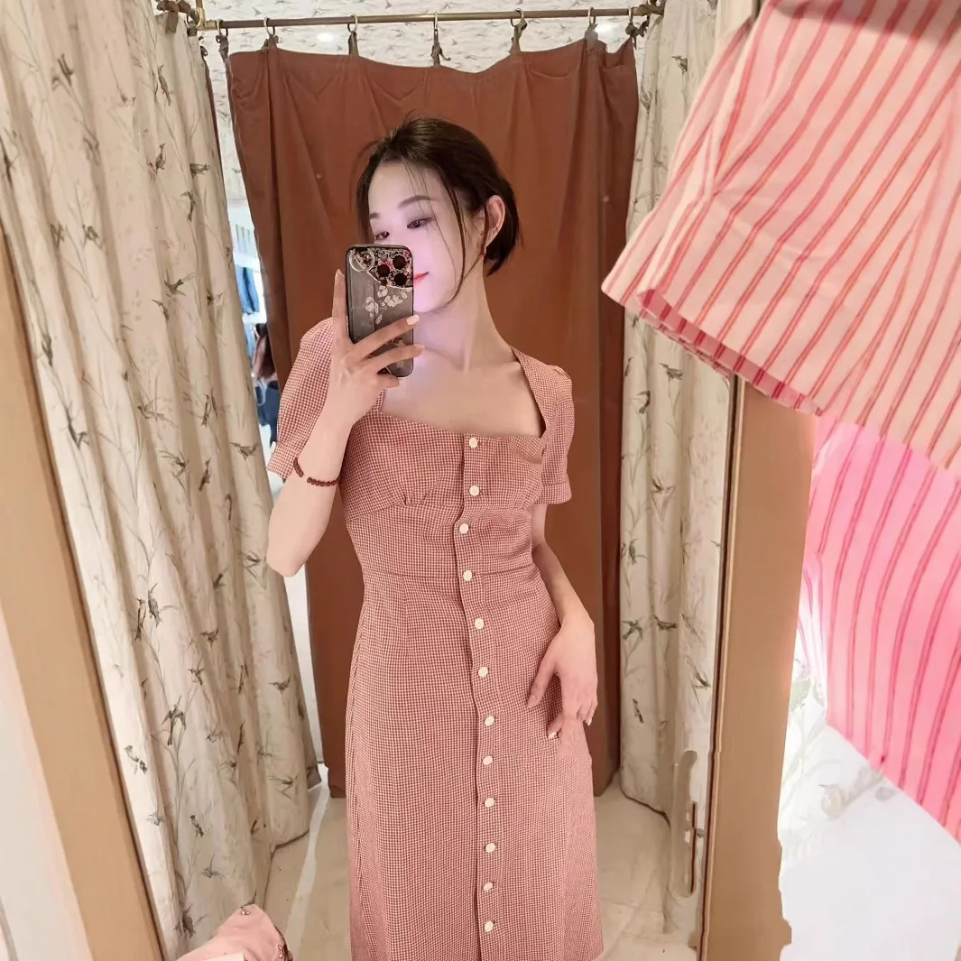 

French Sle Printed Bubble Sve Square Collar Dr Waist Cinched Front Buttoned Cotton Spring Summer New Arrival Women's ...