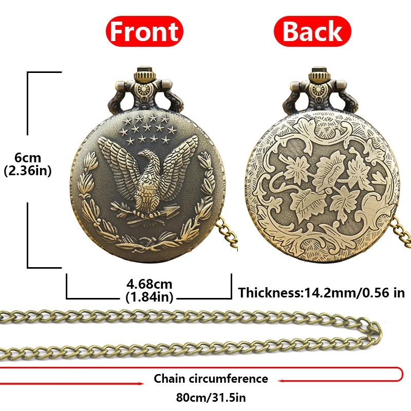 빈티지 청동 Steampunk 스타 독수리 새겨진 석영 주머니 시계 목걸이 펜던트 시계 체인 남성 여성 체인 선물