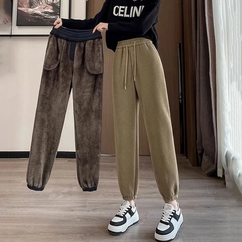 Winter Warm Lamb Fleece Women Pants Fashion High Waist Thick Loose Harem Pants Autumn Korean Solid All-Match Plush Sweatpants