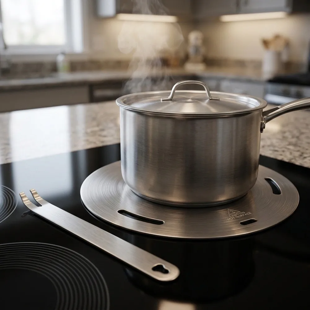Induction Heat Diffuser Plate Constructed from Stainless Steel to Assist in Preserving Cookware Finish and Extending Usability