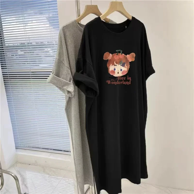 

Cute Cartoon Printed Summer Sweet Style Casual Plus Size Loose Pure Cotton Comfortable Fashionable Short Sleeved Women's Dress