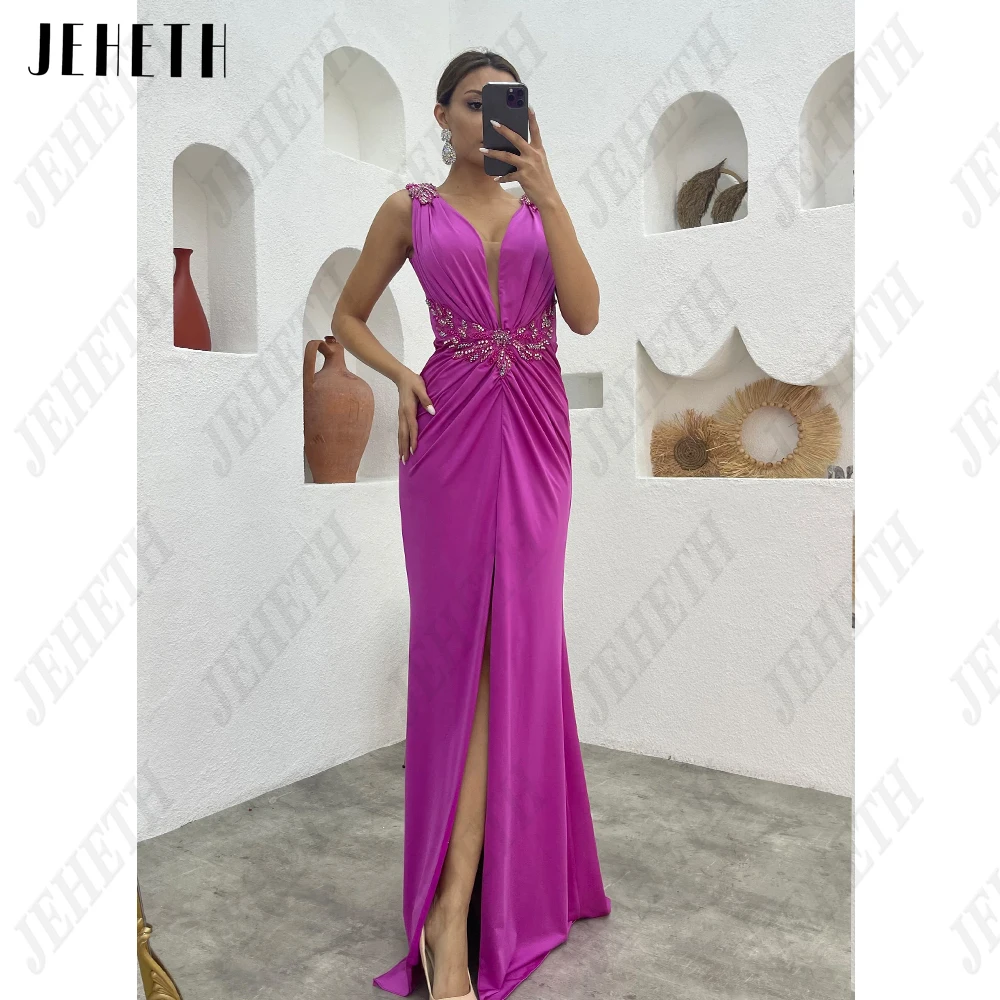 Vestido de noche moderno de la Sra. jeheth con cuello V sin mangasJEHETH-Vestidos De Noche modernos para mujer, cuello en V sin mangas, Vestido De graduación dividido frontal, Apliques De encaje Sexy, Vestido De sirena