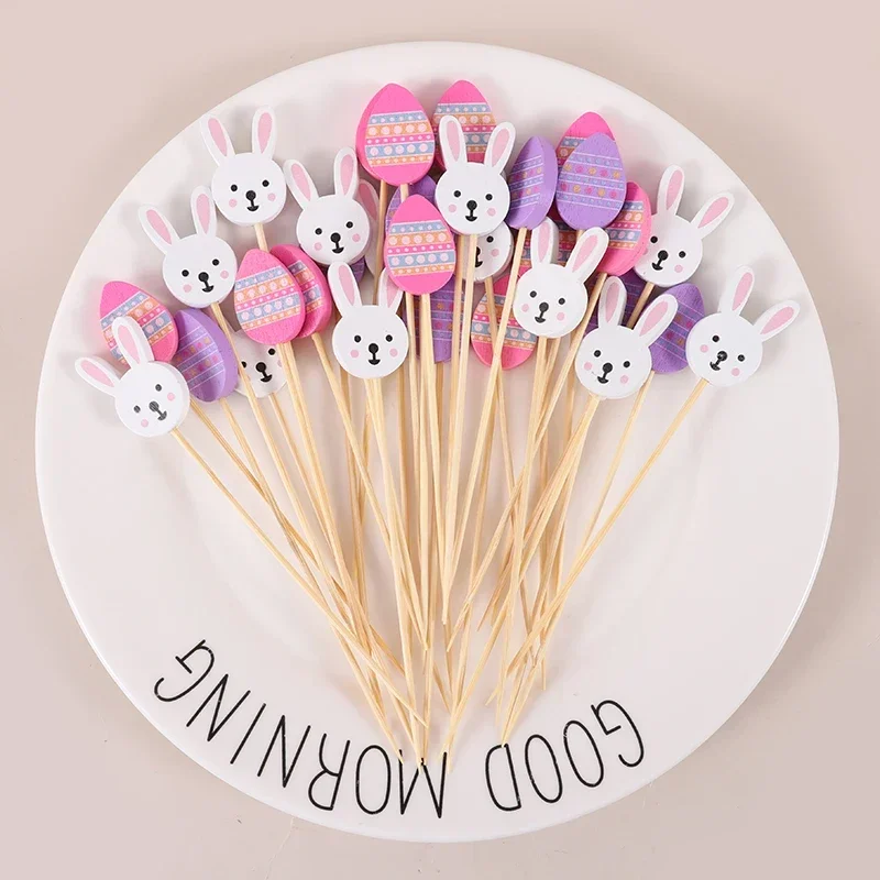 

100pcs Easter Disposable Bamboo Skewers Rabbit Eggs Food Picks Fruit Fork Cupcake Buffet Stick Easter Party Decoration Birthday