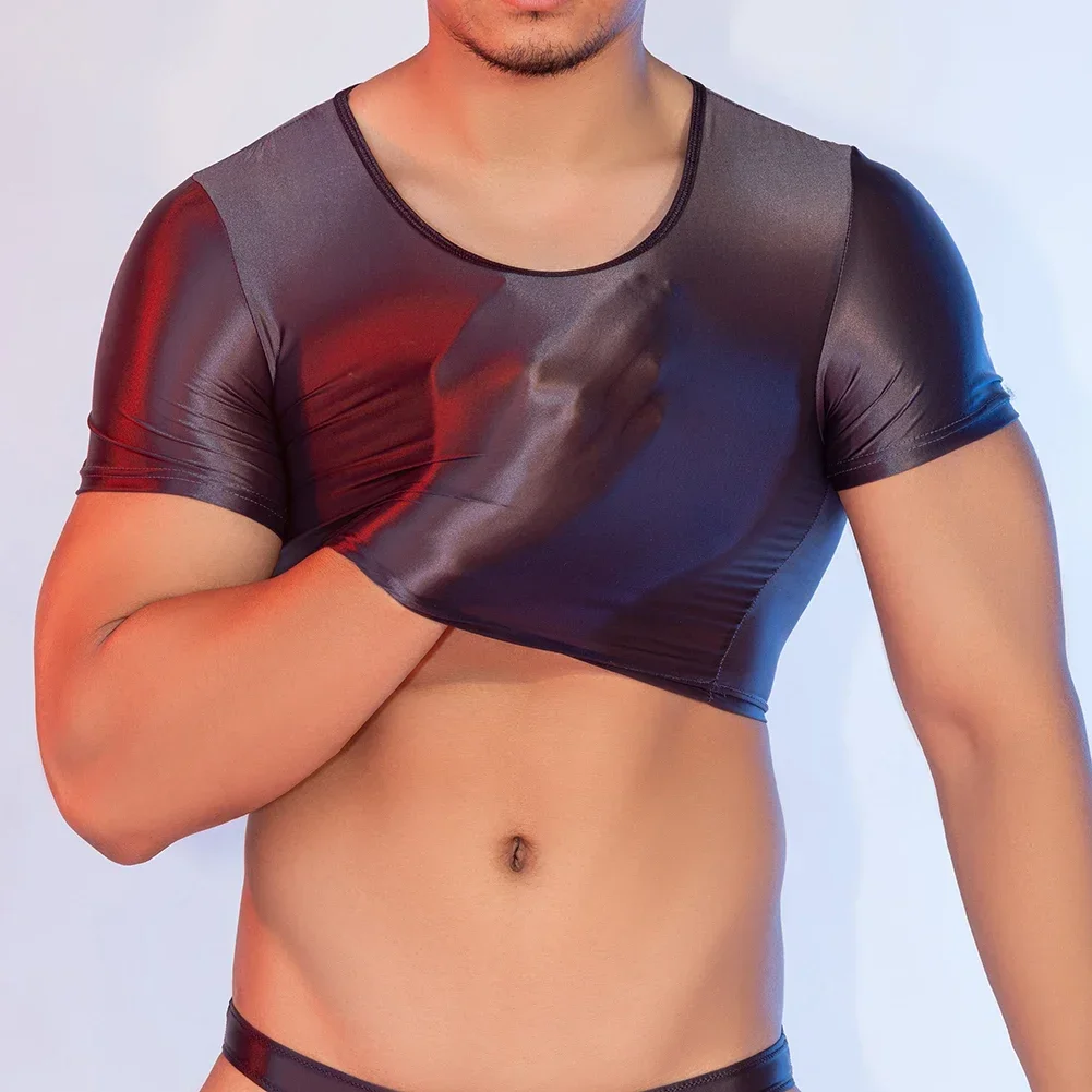 

Breathable Tank Top Glossy Smooth Tee Pouch Panties Regular Clothing Length Breathable Sheer T-shirt For Night