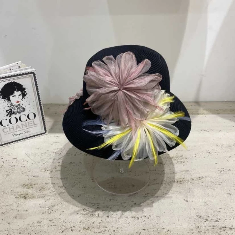 Women's Fashionable High-End Handmade Flower Sun Hat Summer Outdoor Beach Hiking Gift Hat with Sun Protection