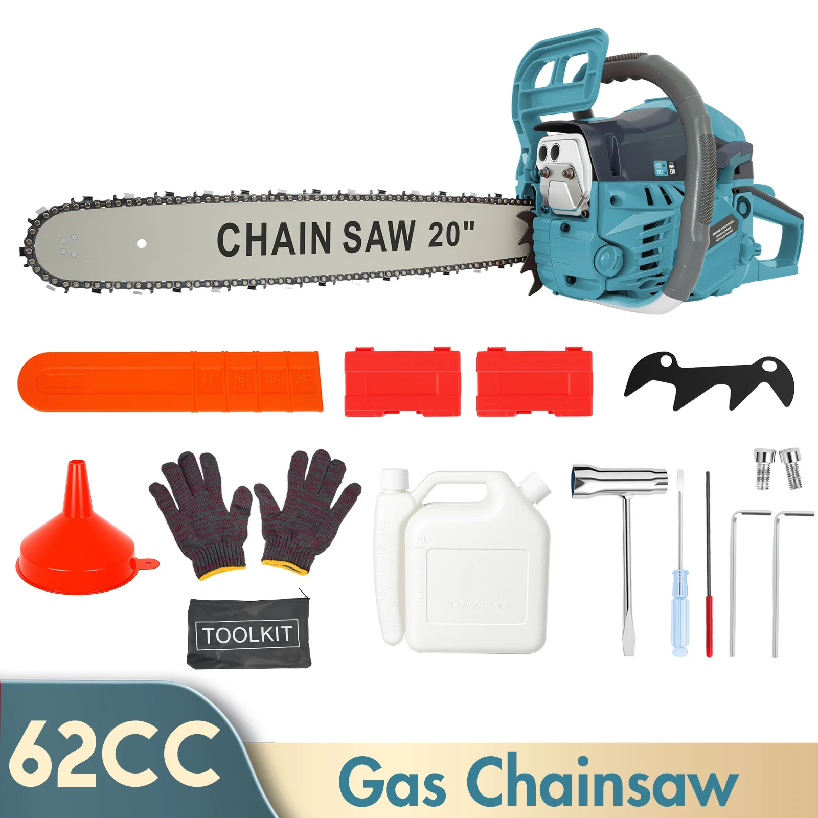 20-Inch Cordless Gas Chainsaw Handheld 10700 RPM 2-Cycle 62CC Chain Saw 3.4HP for Farm/Garden/Ranch/Heavy-Duty Wood Cutting