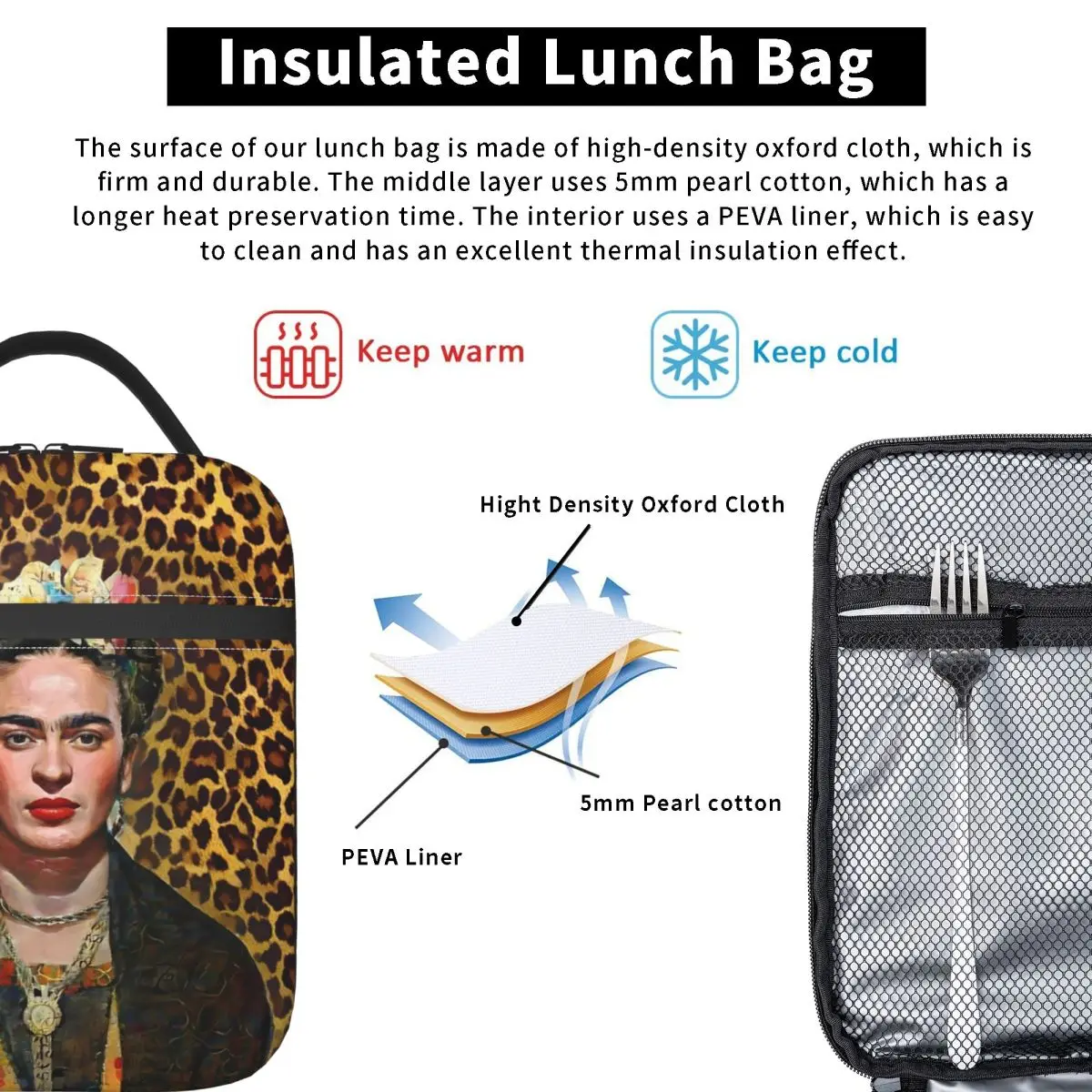 Leopard F-Frida K-Kahloes Insulated Lunch Bag Large Lunch Container Cooler Bag Tote Lunch Box Beach Picnic Food Bag