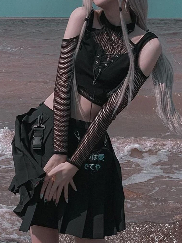 AltGoth Gothic Mesh T-shirt Women Vintage Streetwear Punk Aesthetic Lace Up Patchwork Tee Tops Y2k Open Shoulder Emo Alt Clothes