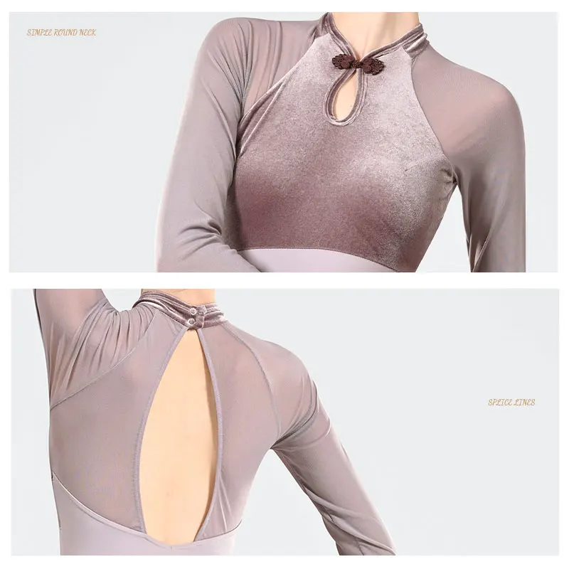 Woman Ballet Leotards Velvet Splice Long Sleeve Dance Leotards Chinese Style Gymnastic Ballet Bodysuit Nylon Dancing Activewear