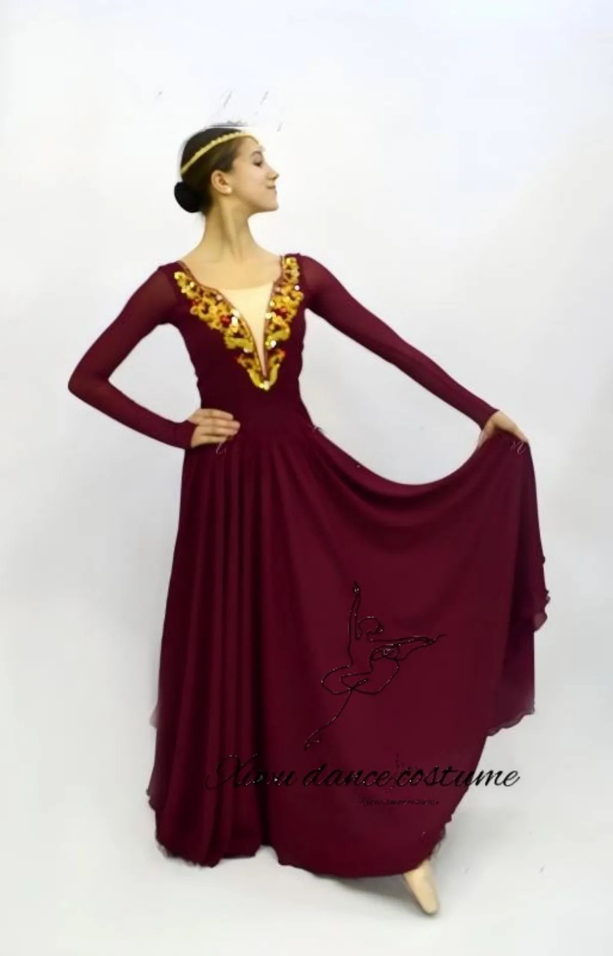 Burgundy Ballroom Dance Dress for Women, Gold Embroidered Standard Competition Gown with Long Sleeve