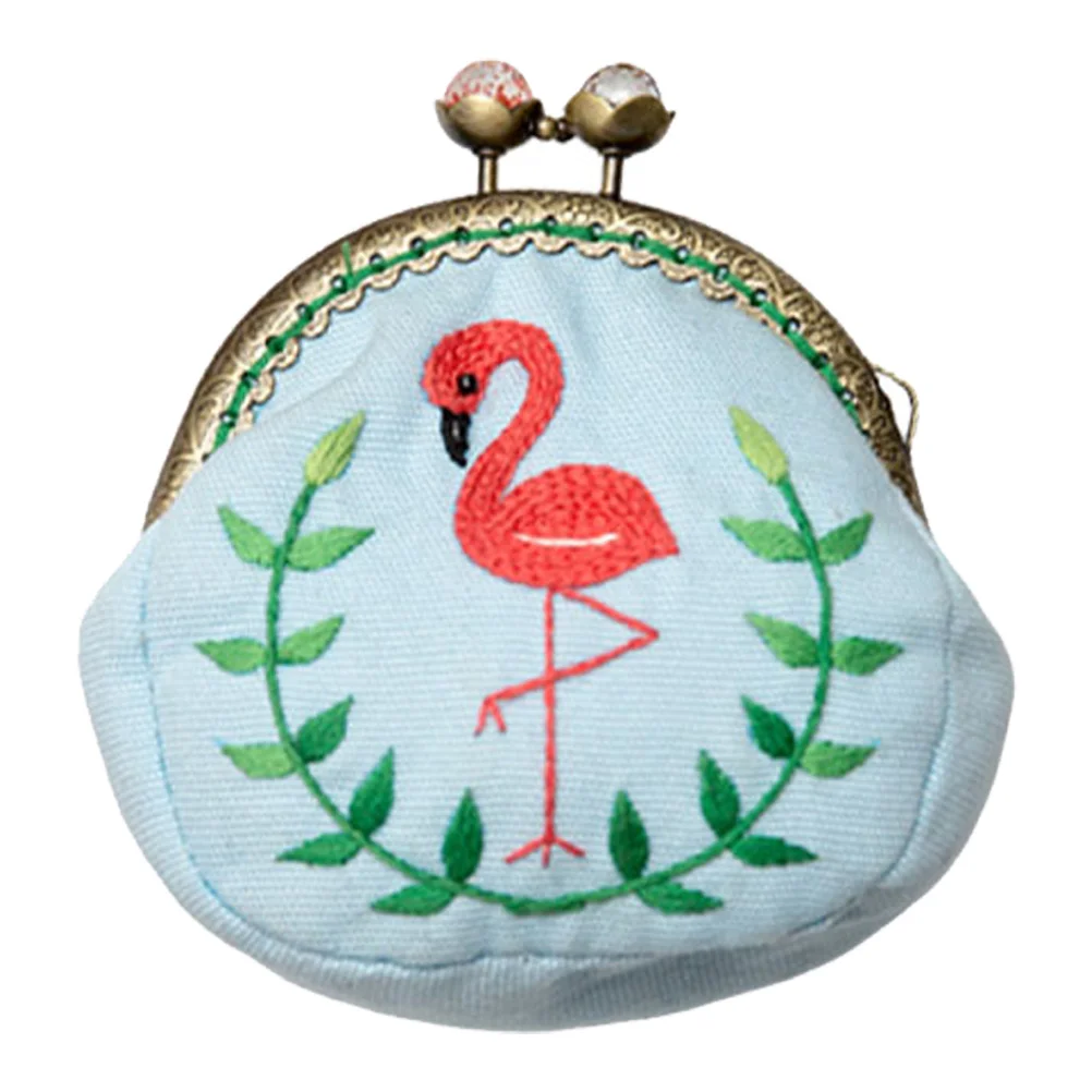 

1 set Round Embroidery Kit For Beginners With Wool Thread Needle Diy Coin Purse Craft Set Flamingo Style Embroidery Starter Kit