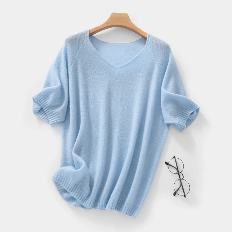 

Spring Summer Women Short Sleeves Sweaters V-neck Wool Bottoming Knitwear 2026 New Soft Knit Tops Pullovers Minimalist Jumpers