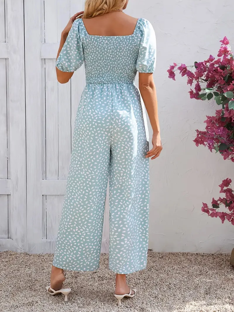 2026年夏 レディースジャンプスーツ 高級パフスリーブ ワイドレッグパンツ、バケーションスタイルの花柄プリント