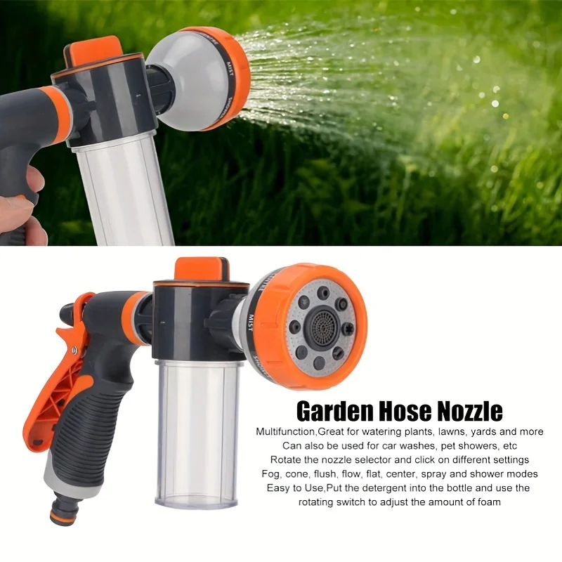 

Многофункциональная насадка для садового шланга с пенопластовой пушкой и дозатором мыла, 8 моделей полива, пластиковый материал, насадка для мойки автомобиля