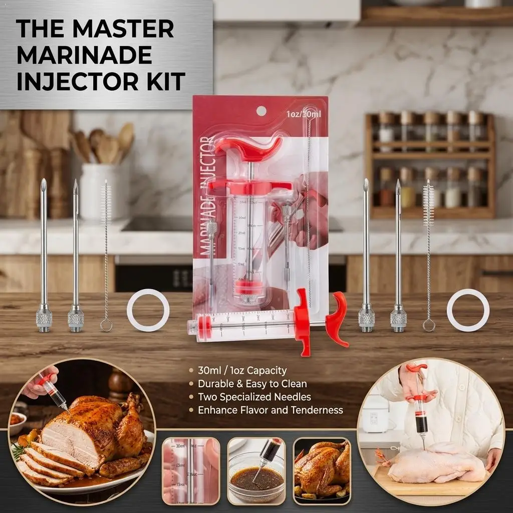 Stainless Steel Seasoning Syringe with 2 Needles 30ml Turkey Needle BBQ Seasoning Tool with Suction Card for Barbecue Cooking