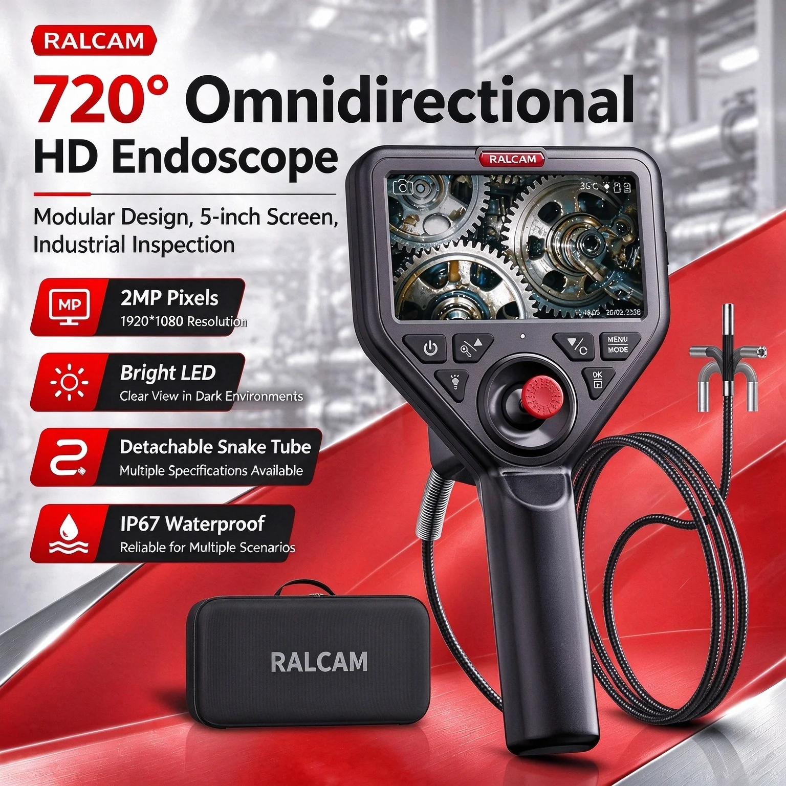 Ralcam  Series 4-Way Articulating Borescope, Replaceable Snake Tube Stainless Steel Joystick, 0.24 inch Camera, 5