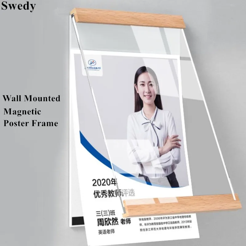 4 Pieces A4 210x297mm Wall Mounted Magnetic Memo Document Sign Holder Sheet Protector Wood Poster Picture Picture Frame