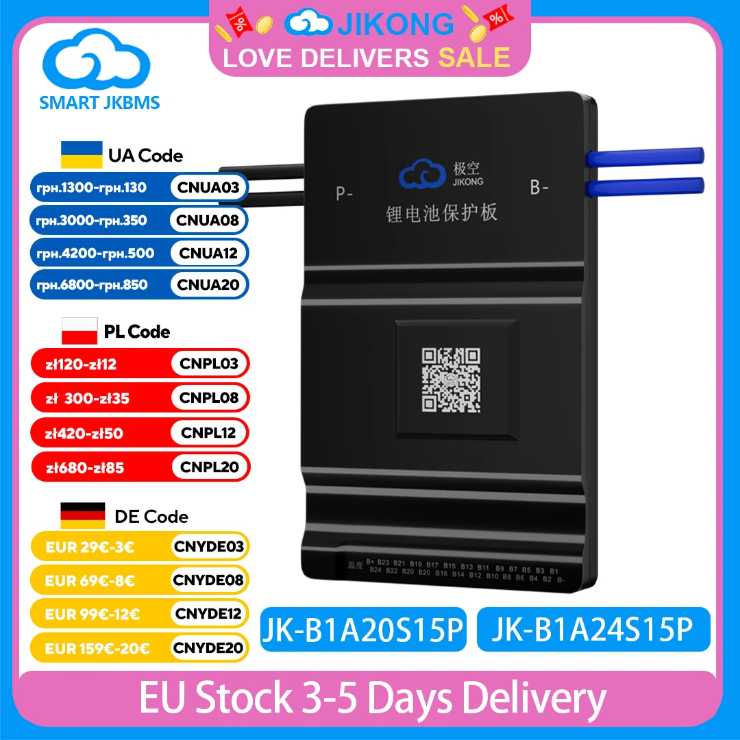 JK BMS 8S ~ 24S B1A20S15P B1A24S15P BMS inteligente con RS485 BT 1A 12V-24V BMS de equilibrio activo para batería Lifepo4 Li-ion Lto 150A