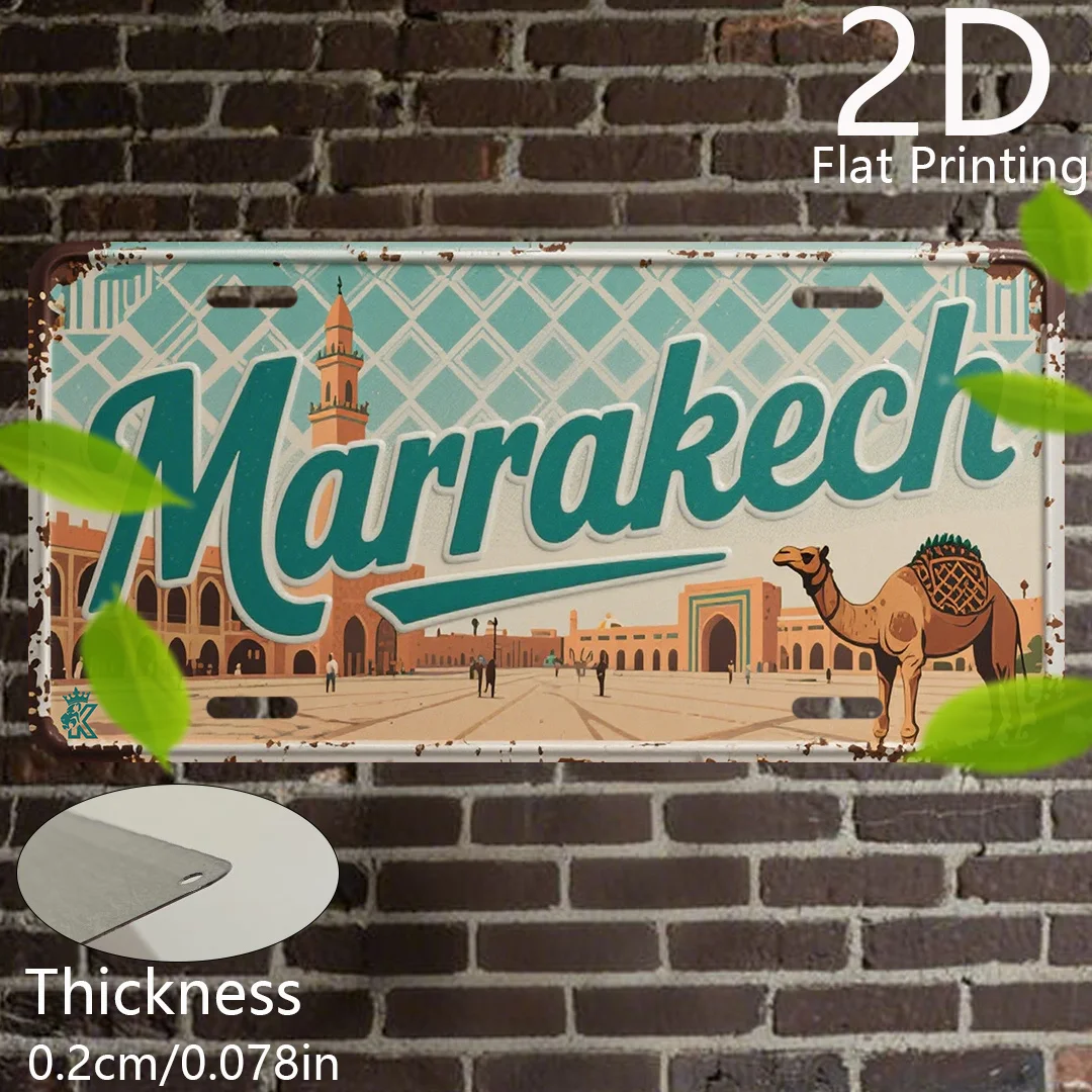 Vintage Moroccan "MARRAKECH" Moroccan Square Camel Scenery License Plate 2D Flat Aluminum Tin Sign Wall Art Decor for North Afri view 3