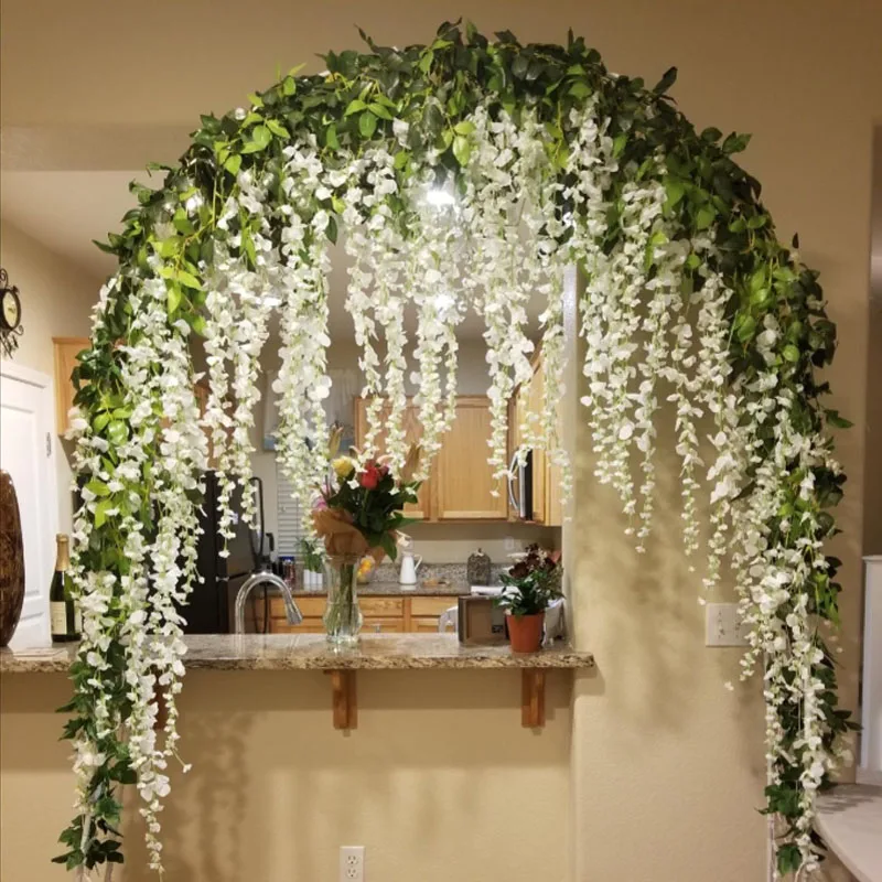 1.9M Wisteria Artificial Flowers Vine Garland Plants Wedding Arch Decoration Fake Plant Floral Leaf Rattan Wall Hanging Flower