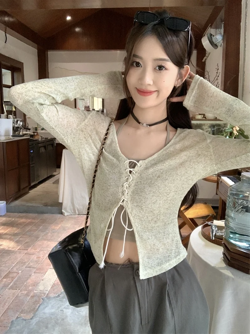 

Sweet And Spicy Long Sleeve V-Neck Open Cardigan Knitted Women's Autumn Fashionable Design Sense Tie Sun Protection Cover up