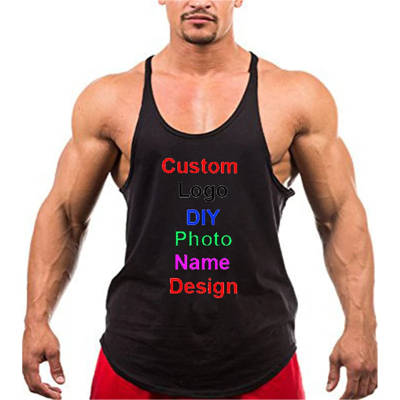 DIY Brand Logo Customized Y Back Gym Stringer Tank Top Men Cotton Fitness Clothing Bodybuilding Sleeveless Shirt Workout Singlet