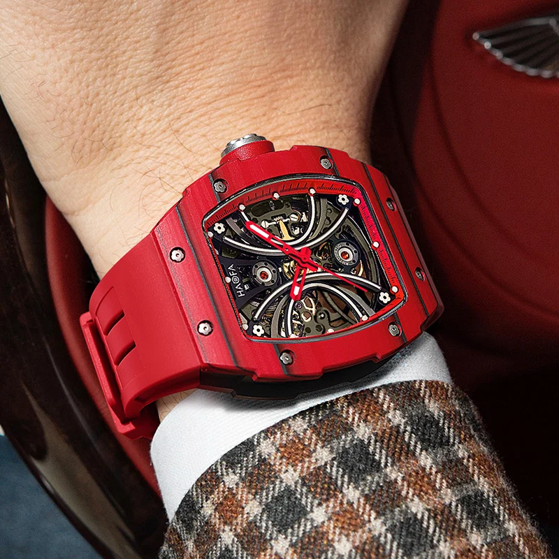 Haofa Men's Automatic Mechanical Watch Carbon Fiber Bezel Skeleton Design Sapphire Movement Self-Winding Casual Dress Watch 1909
