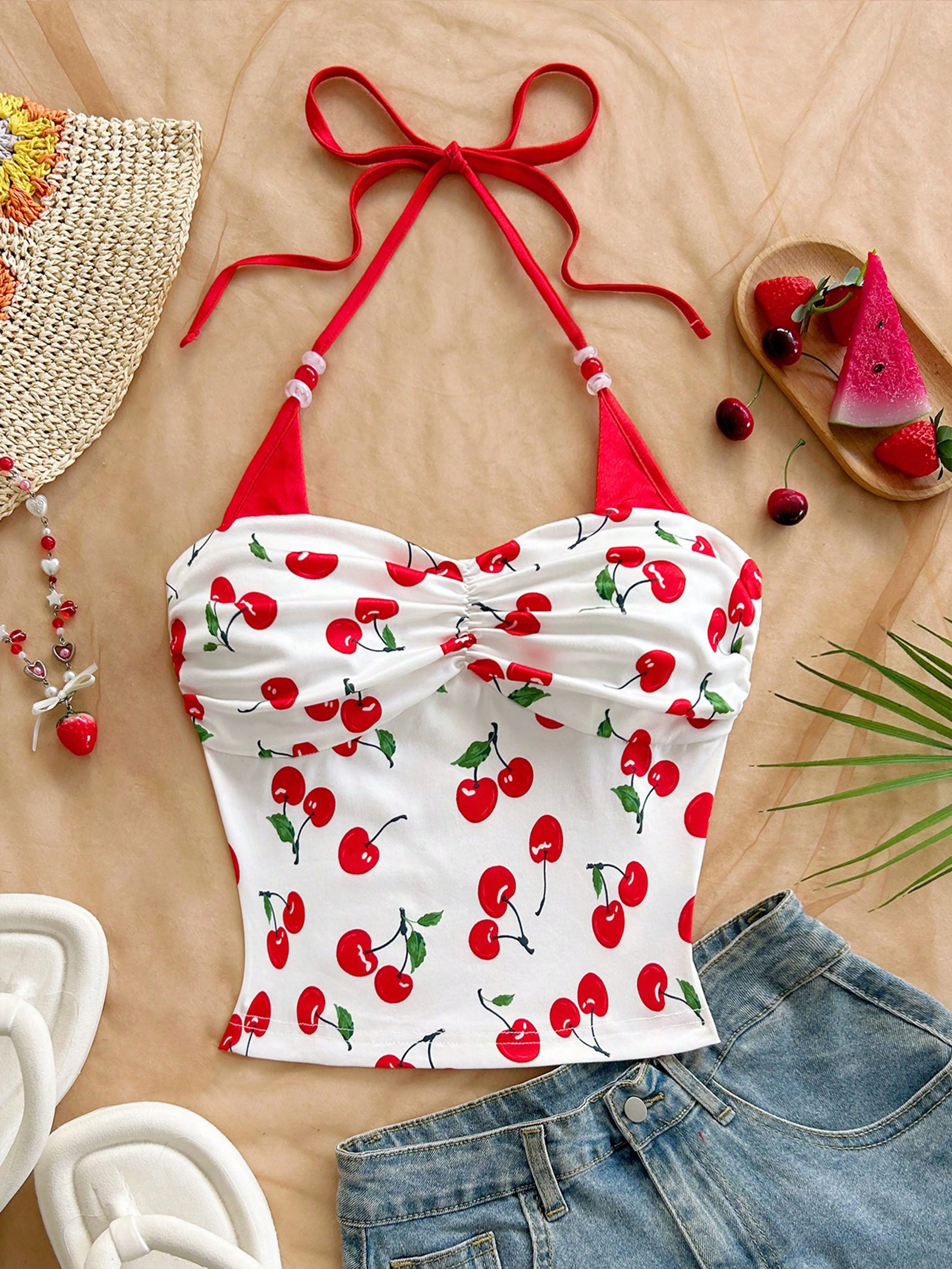 Damen-Neckholder-Top mit Kirschmuster und Farbblockierung, Sommer-Strandurlaub, Strandparty, Sommerparty – Detail 4