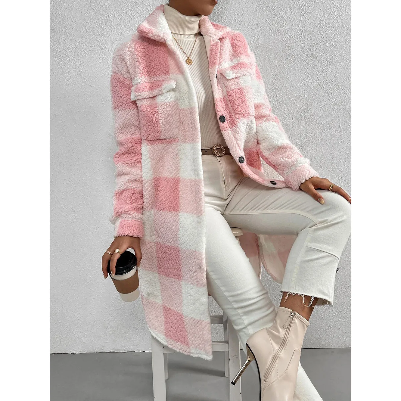 

Women's Coat Open Button Lapel Plush Plaid Loose Long Coats