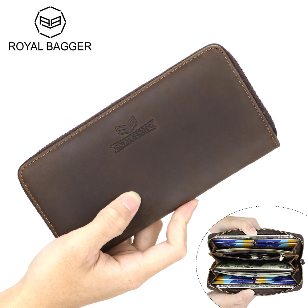 

Royal Bagger Retro Zipper Long Wallet for Men, Genuine Leather Clutch Coin Purse, Simple Credit Card Holder 1657