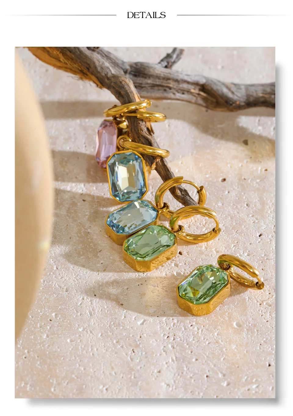 Yhpup Edelstahl-Creolen Grün Rosa Blau K9 Kristall Rechteckige Hängeohrringe Ästhetischer Goldener Damenschmuck – Detail 7