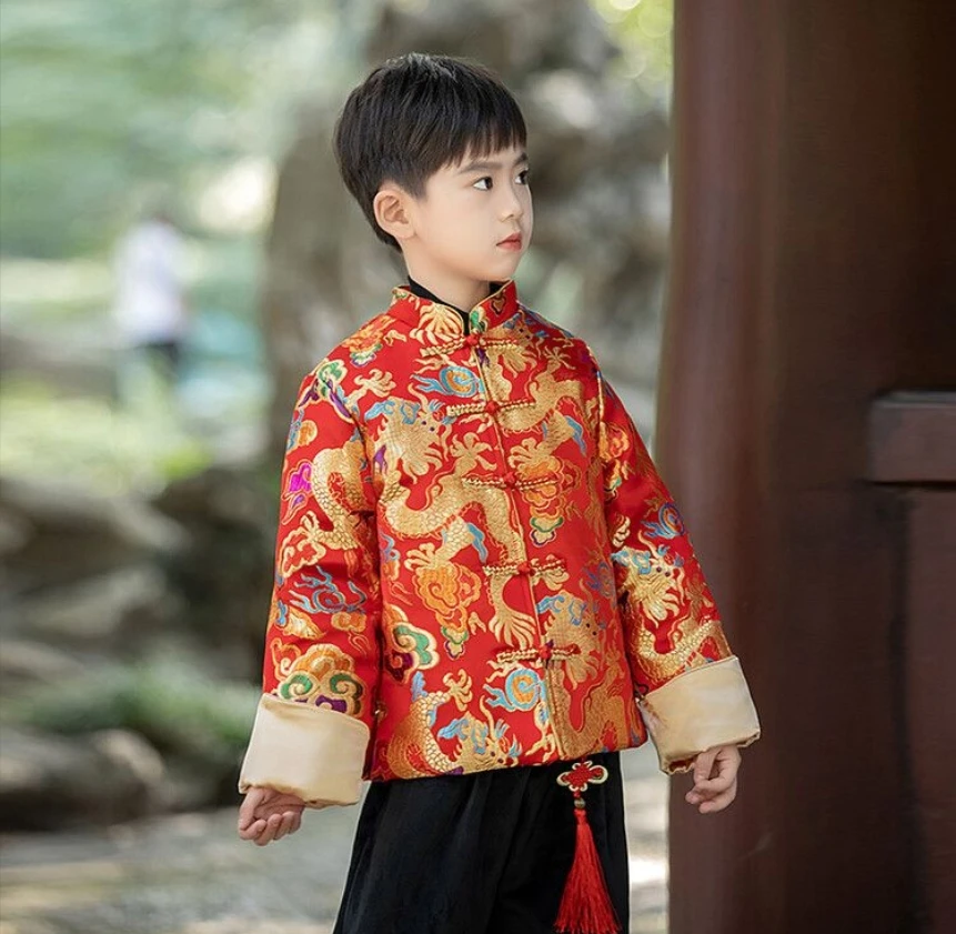 

Boy red Hanfu winter embroidered Tang Chinese style New Year dress first birthday dress performance Chines traditional dress