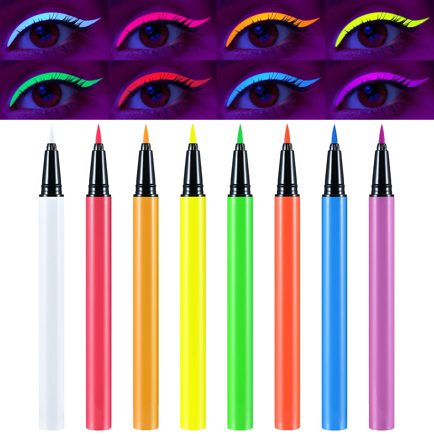 8 Colors Eyeliner Set Liquid Neon Eyeliner Pen Longstay Rainbow UV Glow Body Painting Waterproof Smudge-Proof Matte Eye Makeup