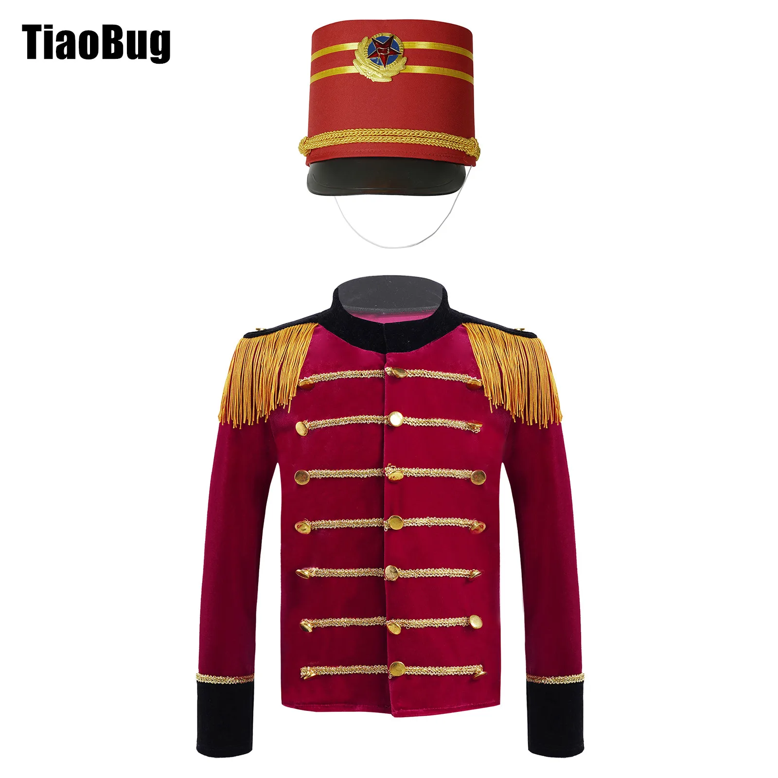 

Kids Boys Nutcracker Costume Drum Trumpet Team Honor Guard Performance Uniform Long Sleeve Tassels Tops+Hat Halloween Party Set