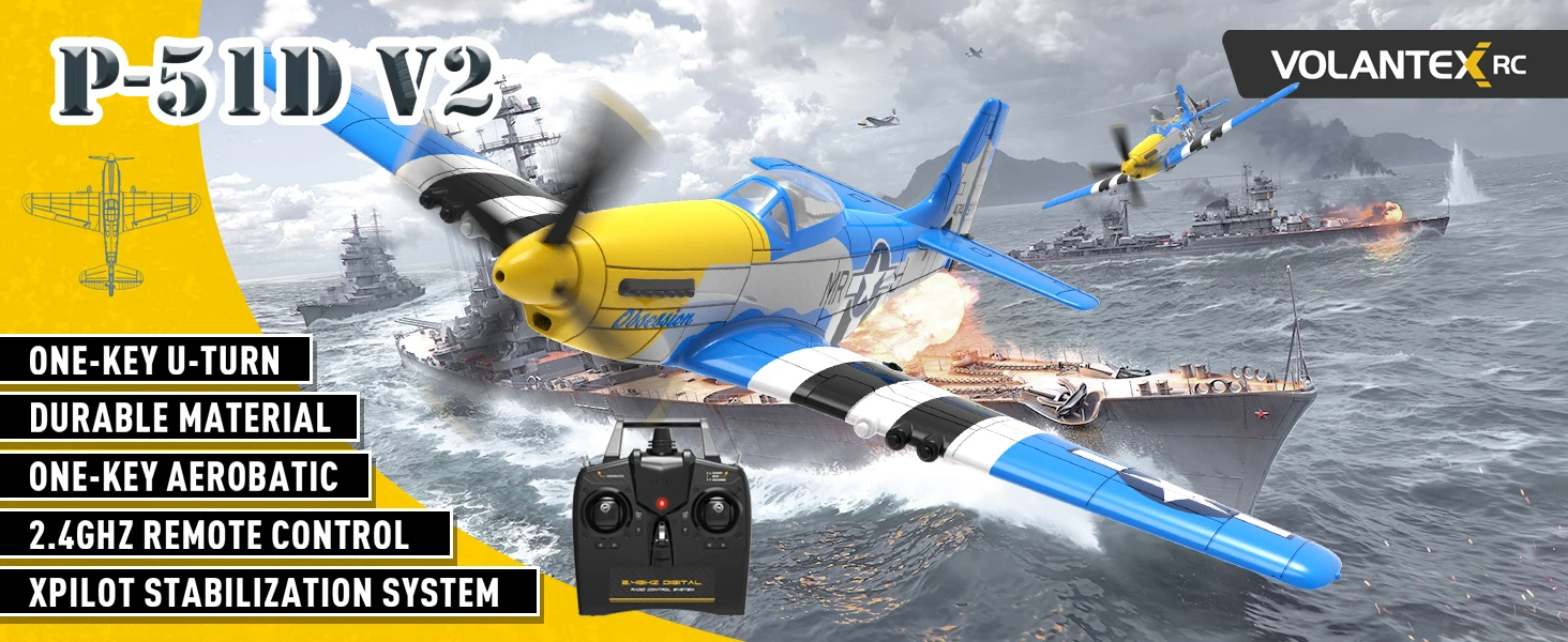 Volantexrc 4-CH P-51D Mustang RC Plane, One-Key Aerobatic, 6-Axis Gyro, 30 Min Flight, Beginner to Pro, Ideal Outdoor Gift.