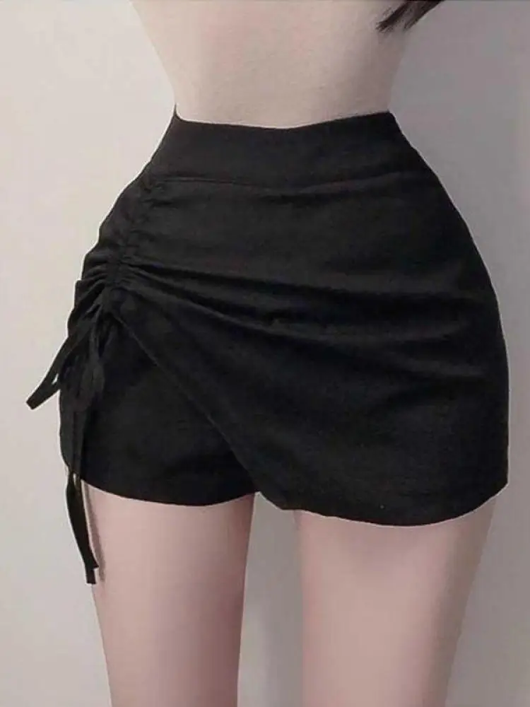 

Summer Black White Sexy Club Festival Pleated Mini Skirt Women Grey Drawstring Lace-up Slim Versatile Wrap Hip Short Skirt Trend