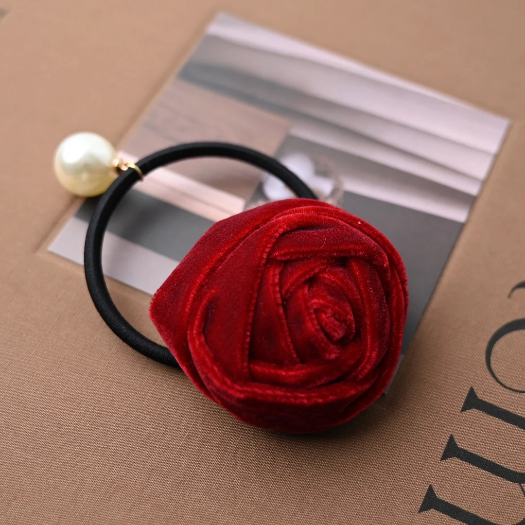 Red Velet Hair Rope Rose Hairties for Girls and Women Elastic Hair Ties Artificial Pearl Flower Pink Hair Accessories