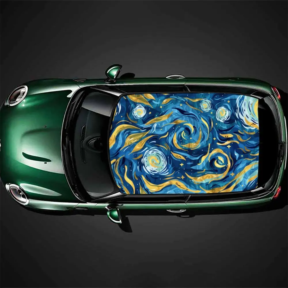 

Van Gogh's "Starry Night" Style with Blue and Yellow Main Tones and Rotating Brushstrokes Car Roof Sticker Wrap Racing SUV Acces