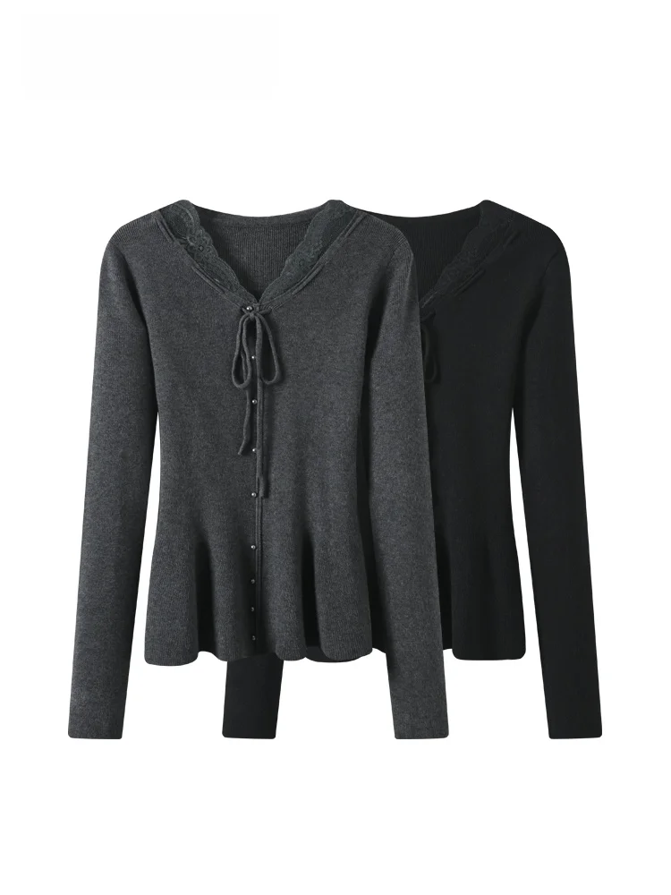 

Ele Sle plus Size Knitted Sweater V-Ne Lace Splicing Long Sve Women's Top for Autumn Winter Faion plus Size Inne...