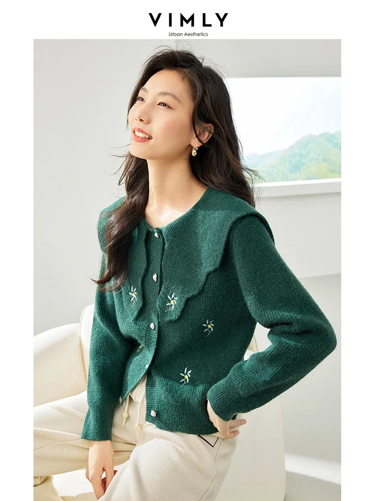 Vimly Green Knitted Cardigan for Women 2024 Spring New Lapel Embroidery Short Sweater Coat High Strecth Female Knitwear 72276