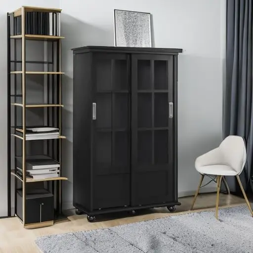 Home Aaron Lane Bookcase with Sliding Glass Doors, Black