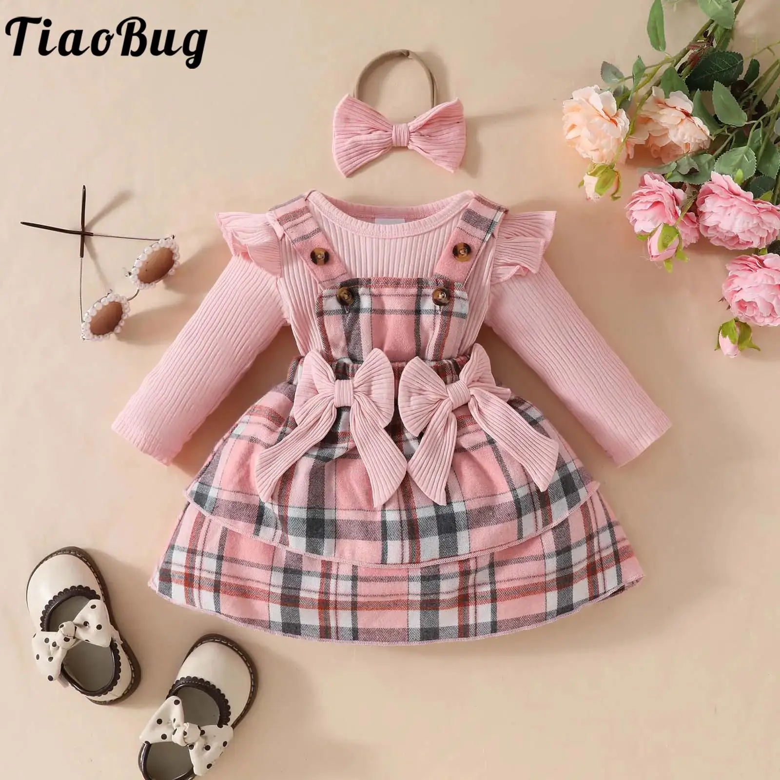 

Весенне-осенняя одежда для маленьких девочек, комбинезон в рубчик с длинными рукавами и клетчатой юбкой на подтяжках, наряд для детского праздника, дня рождения