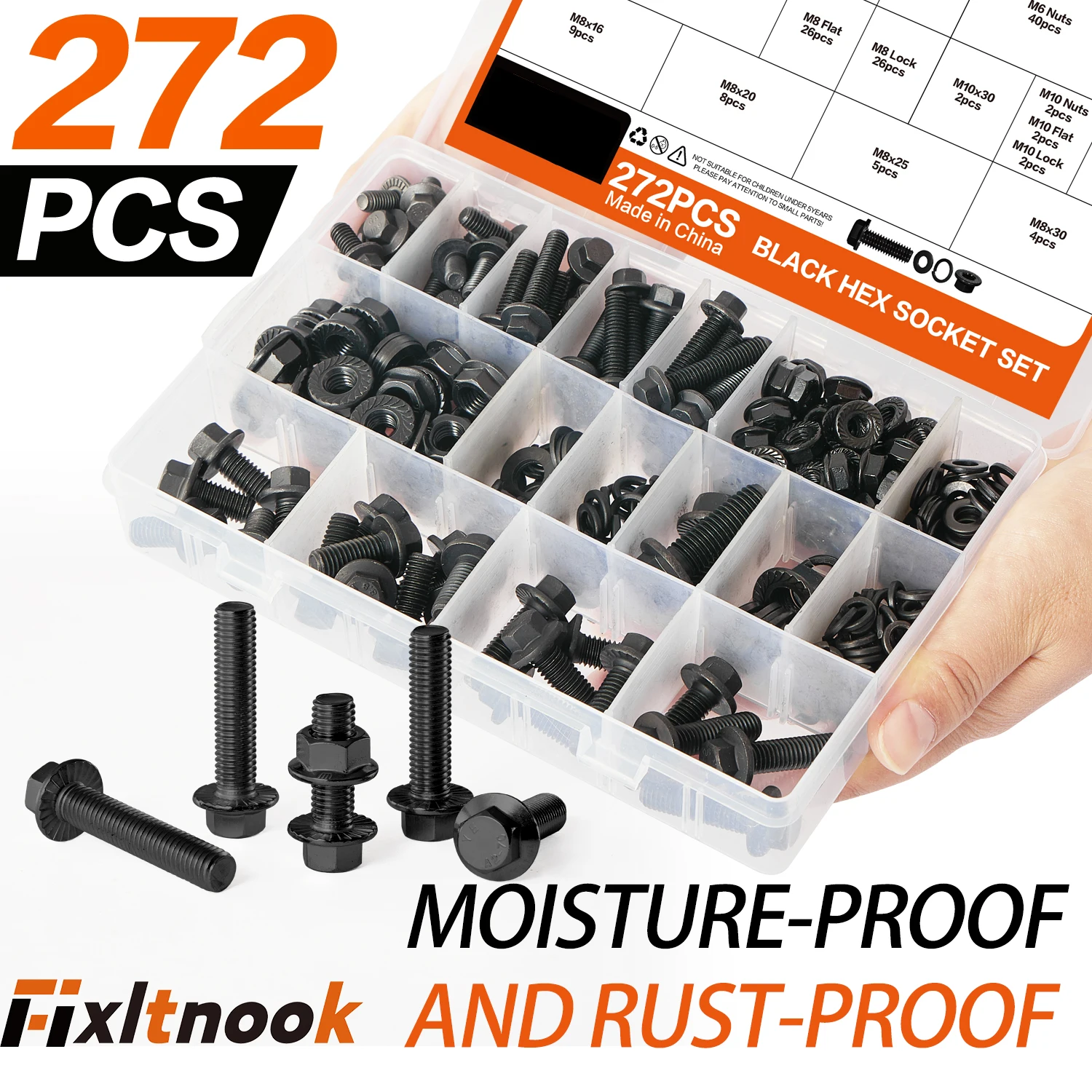 

272-Piece Metric Flange Bolt Set (M6/M8/M10), Grade 10.9 Carbon Steel Metric Machine Screws, Nuts, and Bolt Set