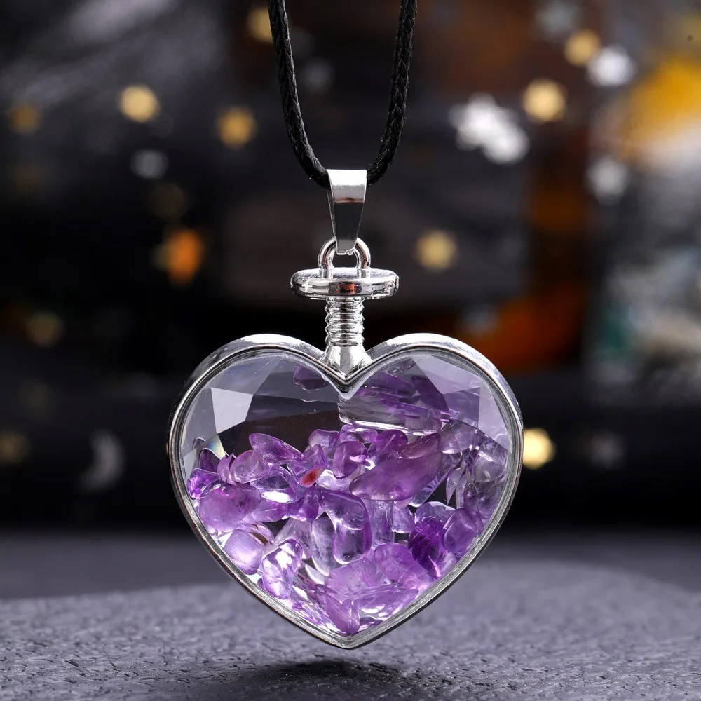Natural Stone Bottle Necklace For Girls Creative Gift Broken Stone Jewelry Healing Crystal Stone Heart pendant love glass bottle